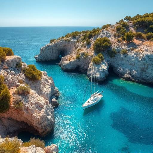 Calas turquesas de Mallorca con un barco navegando en un d&iacute;a soleado