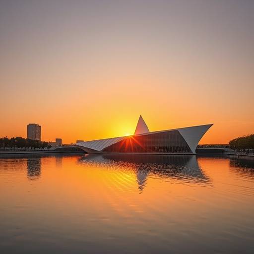 Ciudad de las Artes y las Ciencias de Valencia reflejada en el agua al atardecer