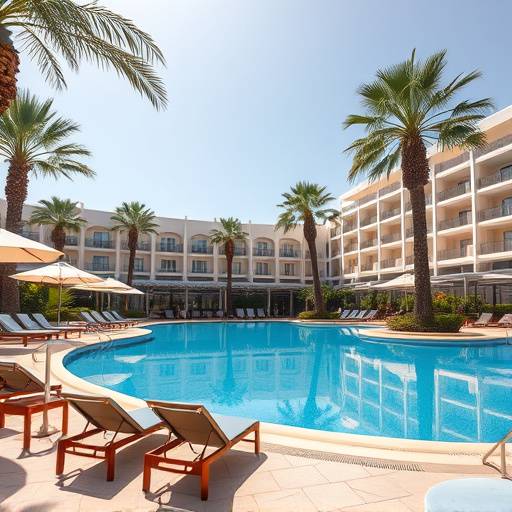 Imagen de la piscina del Hotel Oasis de Alicante, con tumbonas y sombrillas, rodeada de palmeras.