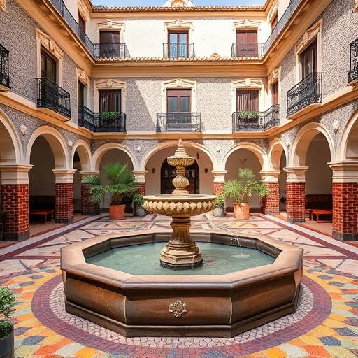 Imagen del patio interior del Hotel El Patio Andaluz, Sevilla, con una fuente central y azulejos coloridos.