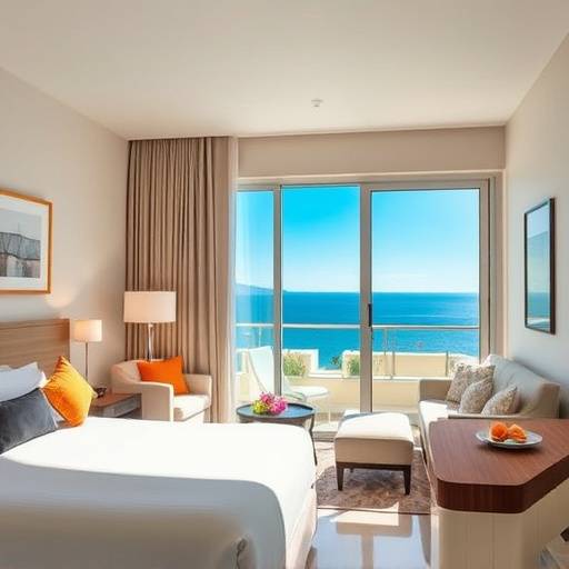 Interior de una suite en el Hotel Mar y Sol, Mallorca, con vistas al mar y decoraci&oacute;n moderna.