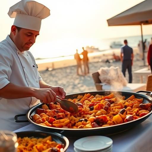 Un chef preparando paella en una playa de Valencia durante un evento privado