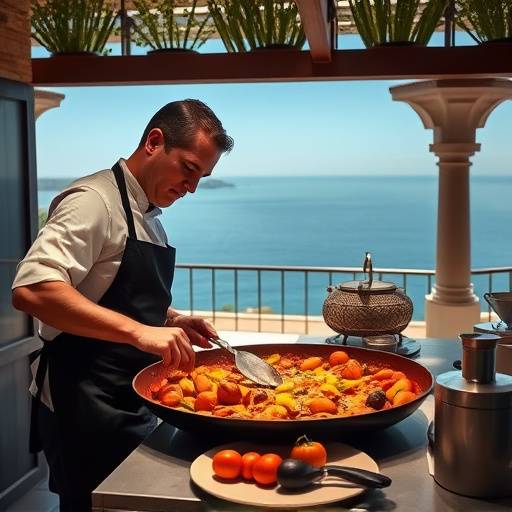 Un chef preparando paella en una villa privada con vistas al mar en Valencia