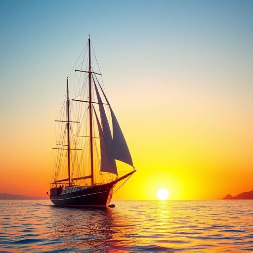 Una goleta navegando al atardecer cerca de las Islas Baleares