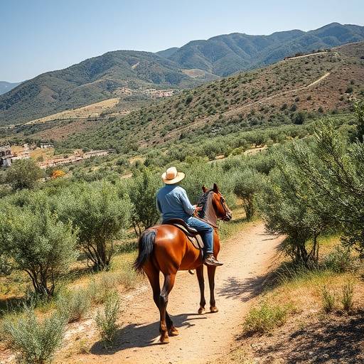 Una pareja disfrutando de un paseo a caballo por los campos de olivos en Andaluc&iacute;a