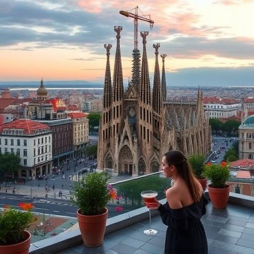 Vista de la Sagrada Familia en Barcelona desde una terraza privada con c&oacute;cteles